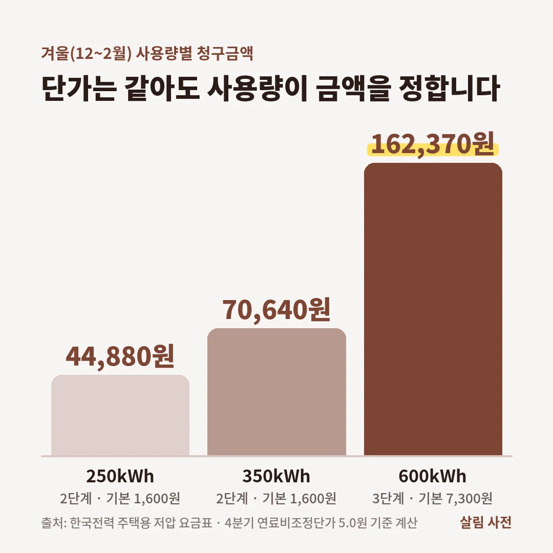 겨울 전기요금 청구금액은 250kWh 약 44,880원, 350kWh 약 70,640원, 600kWh 약 162,370원으로 사용량에 따라 크게 달라집니다.