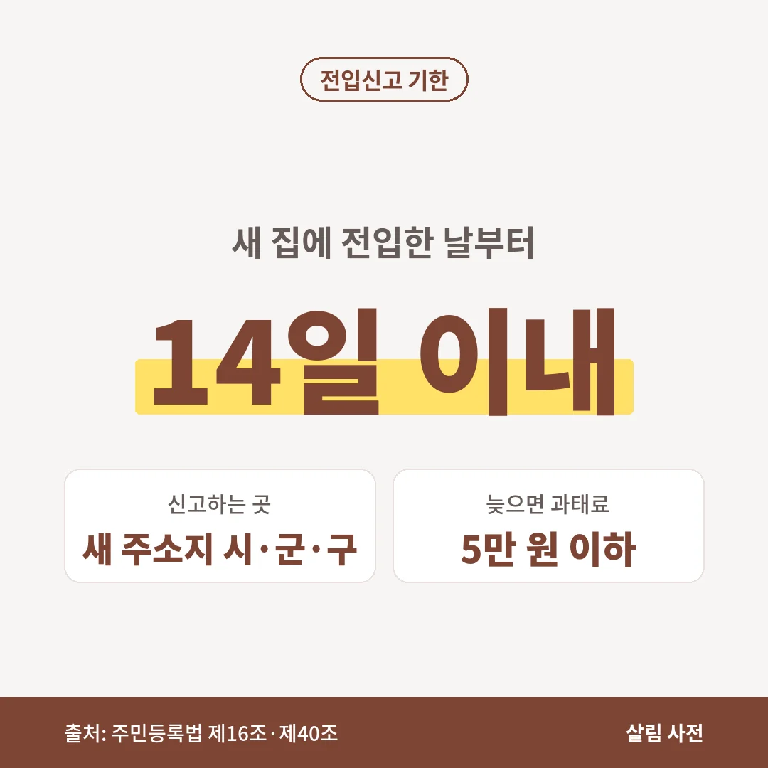 전입신고는 새 집에 전입한 날부터 14일 이내에 새 주소지 시·군·구에 하며, 늦으면 5만 원 이하 과태료가 나올 수 있습니다.