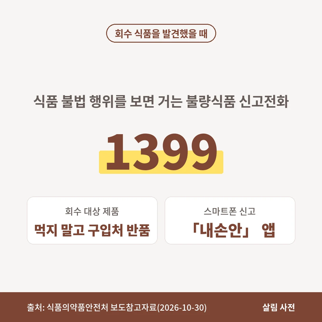 회수 대상 식품은 먹지 말고 구입처에 반품하고, 식품 불법 행위는 불량식품 신고전화 1399나 「내손안」 앱으로 신고합니다.