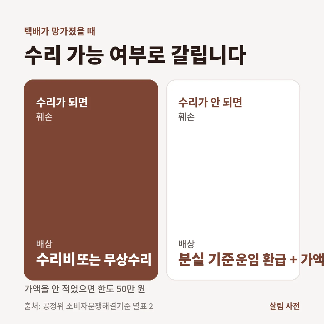 택배 물건이 망가졌을 때 수리가 되면 수리비나 무상수리, 수리가 안 되면 분실과 같이 운임 환급과 가액 기준 손해액을 받습니다.